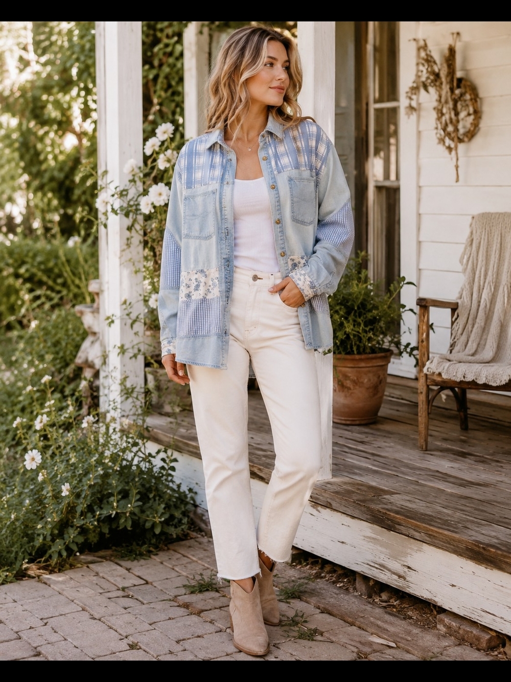 Light Wash Patchwork Denim Button-Up Shirt – Floral Gingham Boho Shacket